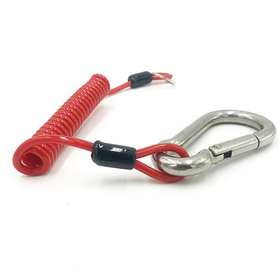 Lanyard d'outil en bobine rouge renforcé de fil d'acier inoxydable avec carabineur et anneau divisé